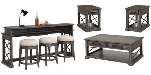 Parker House Sundance - Smokey Grey Cocktail Table with 2 Chairside Tables and Console Table with 3 Stools