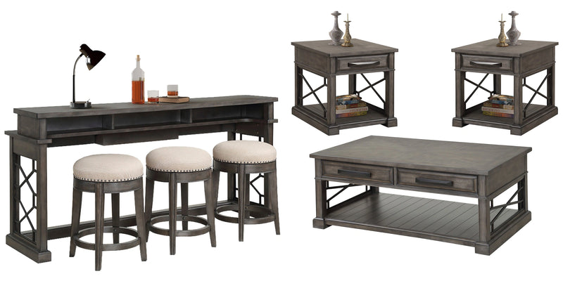 Parker House Sundance - Smokey Grey Cocktail Table with 2 End Tables and Console Table with 3 Stools