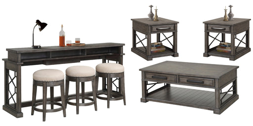 Parker House Sundance - Smokey Grey Cocktail Table with 2 End Tables and Console Table with 3 Stools