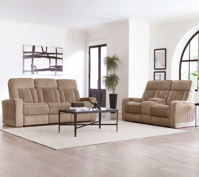 Parker Living Equinox - Mushroom Power Reclining Sofa with Drop Down Table