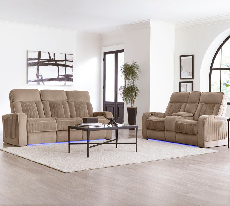 Parker Living Equinox - Mushroom Power Reclining Sofa with Drop Down Table